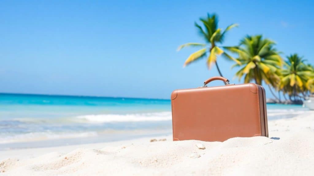 Koffer am Strand mit Palmen und Meer